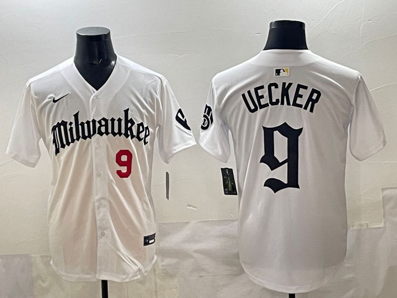 Men 2025 Milwaukee Brewers #9 Uecker White Five generations Joint Name Nike MLB Jersey style 03